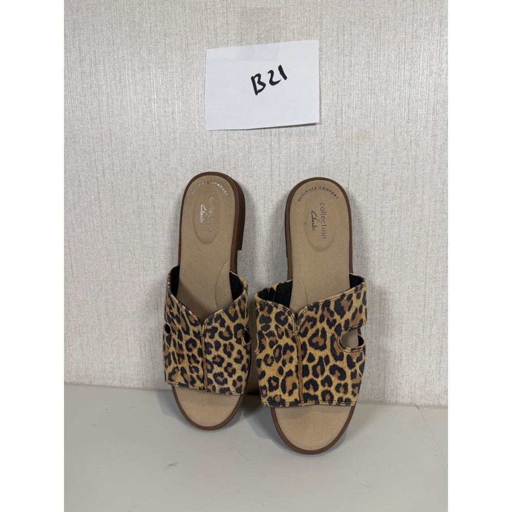 Clarks Declan Flo Leopard Print Flat Slide Sandal Leather 8M